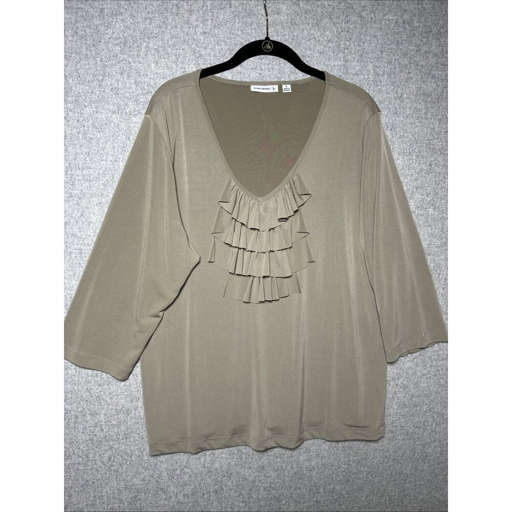 Susan Graver Liquid Ruffle Top Blouse XL Beige QVC Stretch Travel 3/4 Sleeve‎